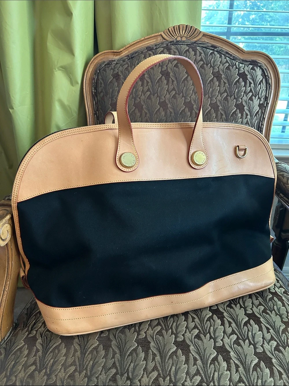 Dooney and Bourke Black and Tan Travel Tote Bag - Leather Trim